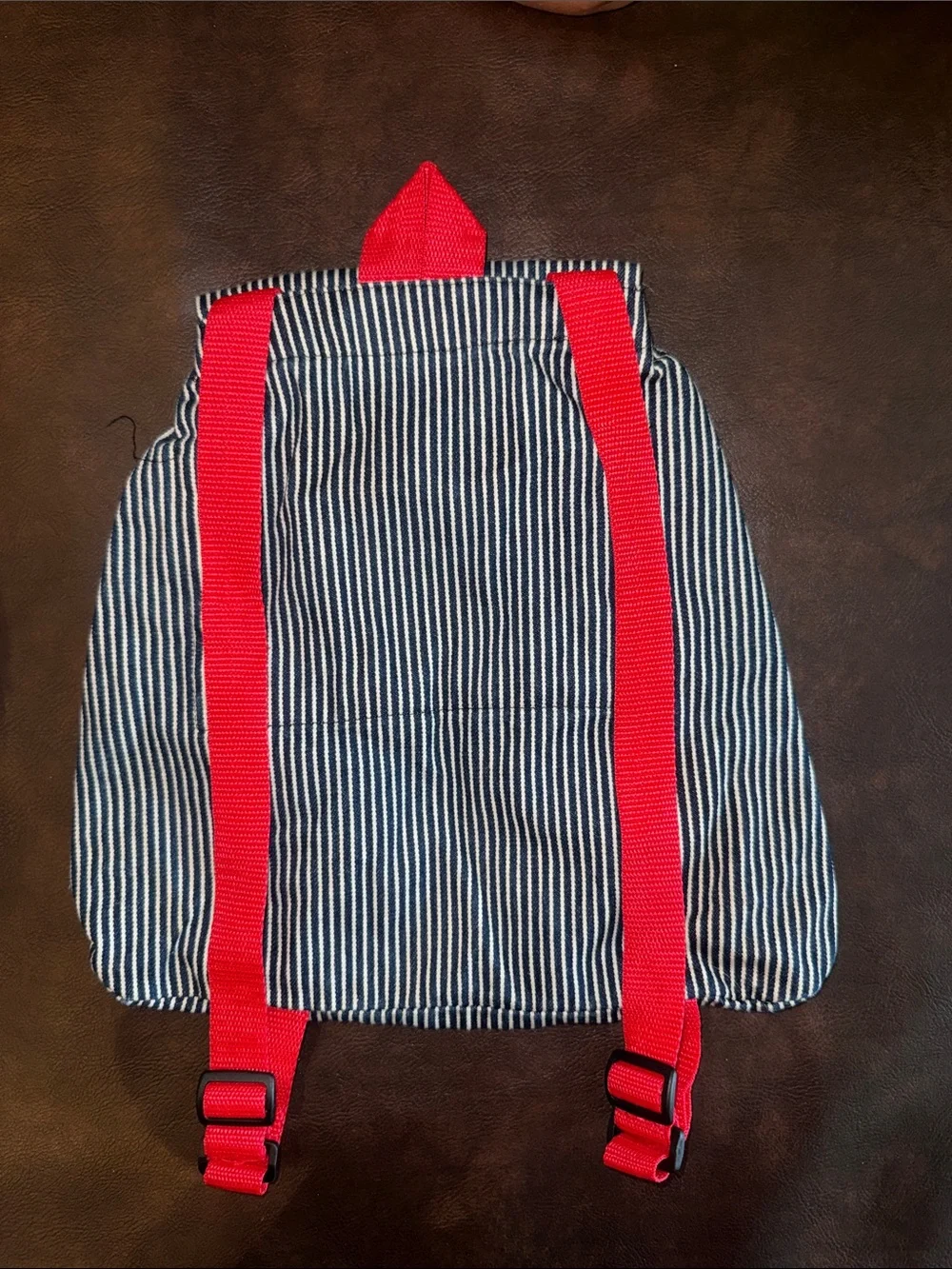 Striped Kids Backpack with Football Patch - Navy & White with Red Accents